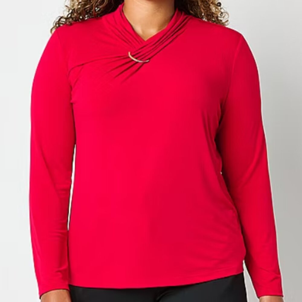 New Liz Claiborne Womens Long Sleeve Blouse Red with Gold accents Plus Size 3X